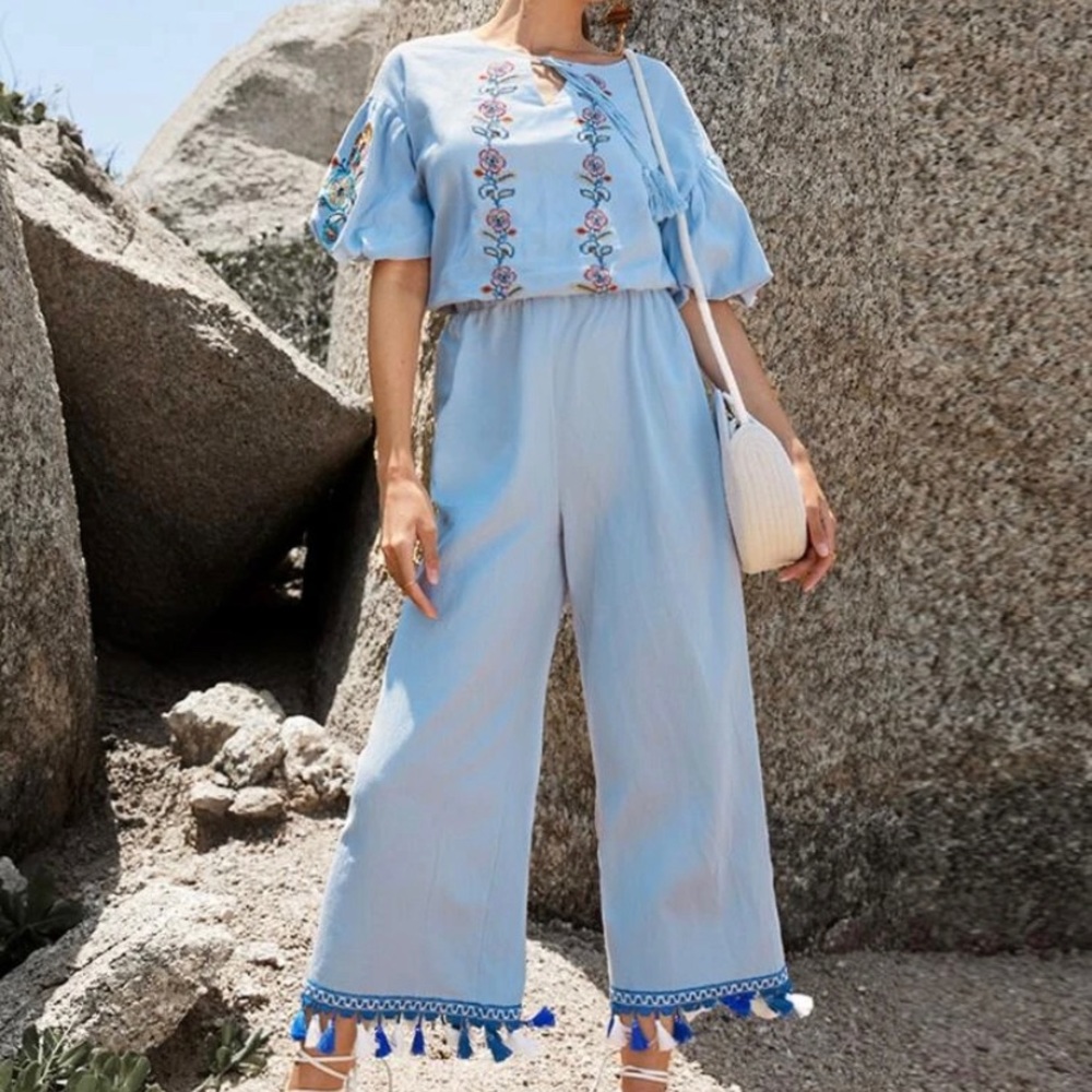 Tassel embroidery top and palazzo pants set